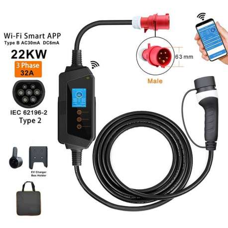 Chargeur portable connecté 32A 22kW Type 2 pour véhicule électrique