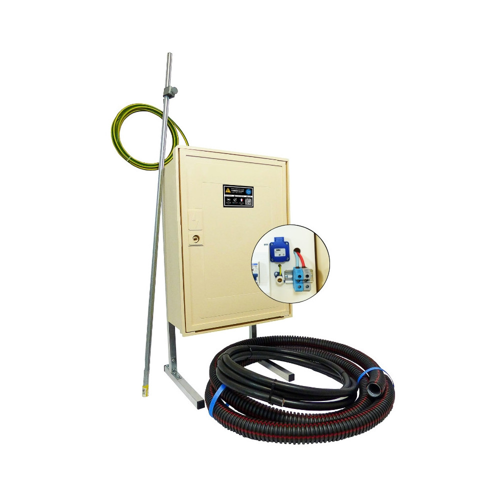 Coffret de chantier complet monophasé 3/6/9 kVA avec bornier et prise pour raccordement sol