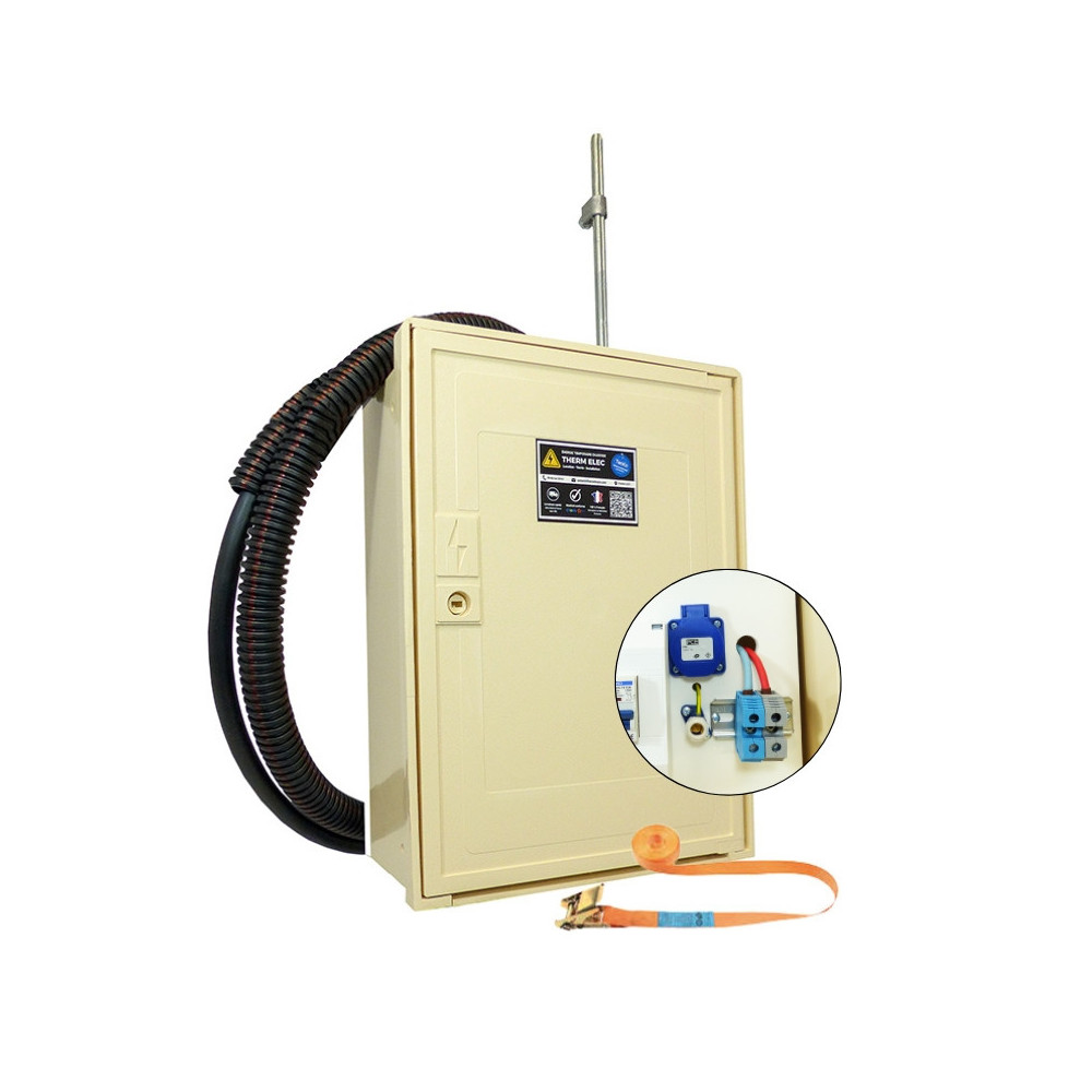 Coffret de chantier monophasé 3/6/9 kVA avec bornier et prise pour raccordement sur poteau EDF