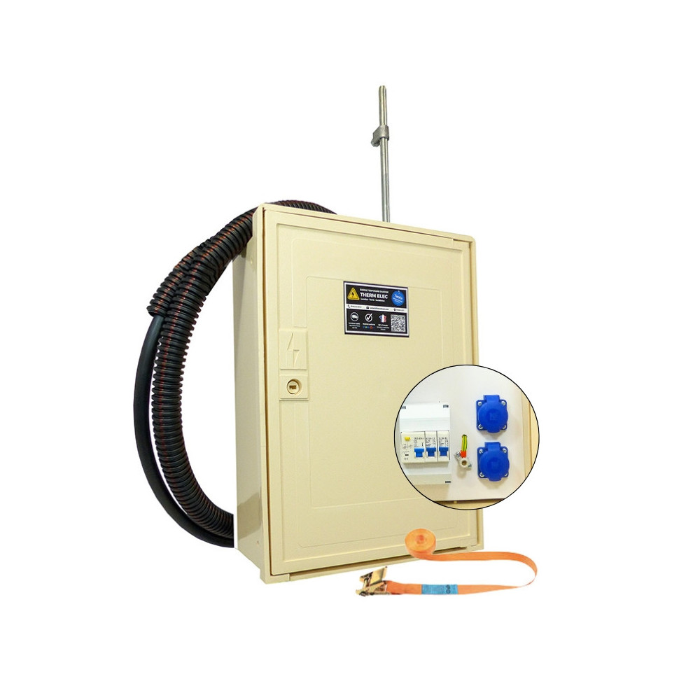 Coffret de chantier complet monophasé 12 kVA avec 2 prises électriques pour raccordement sur poteau EDF