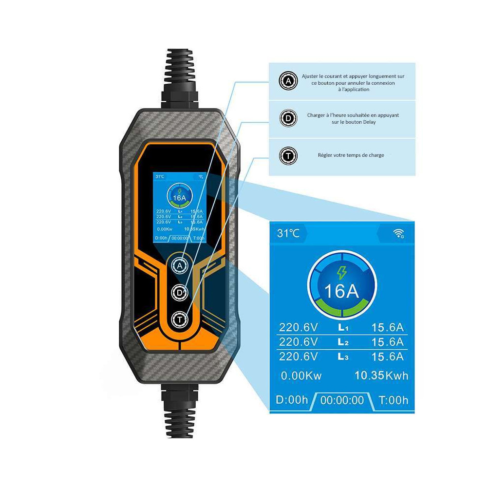 Chargeur Voiture Électrique Portable 6-16A E-Drive Solution - Écran LCD, Départ Différé, Câble Type 2 (6m)