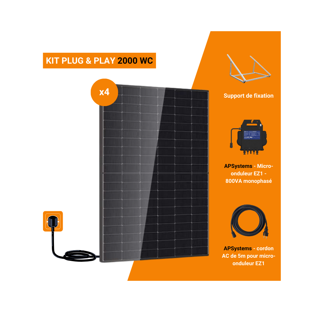 Kit Solaire Plug & Play 2000 Wc avec 4 panneaux photovoltaïques + micro-onduleur APsystems Kit Solaire Plug & Play 2000 Wc avec 4 panneaux photovoltaïques + micro-onduleur APsystems