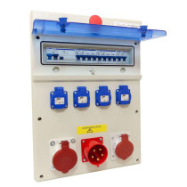Coffret ABS triphasé 400v alimentation fiche 32A avec 1 prise 5P 32A, 1 prise 5P 16A et 4 prises 16A 230v