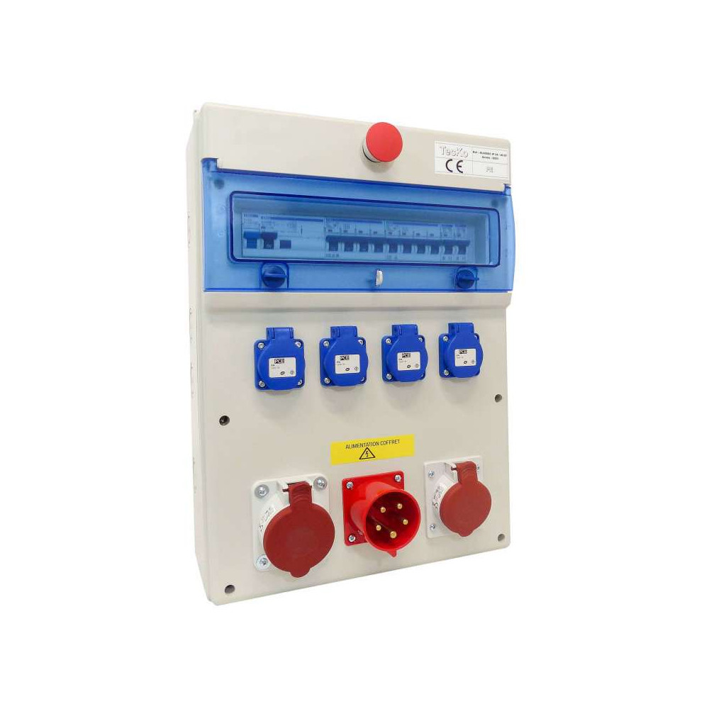 Coffret de distribution triphasé 400v avec prises 32A, 16A et alimentation par fiche 32A Coffret de distribution triphasé 400v avec prises 32A, 16A et alimentation par fiche 32A