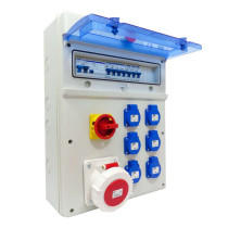 Coffret ABS alimentation triphasé 400v avec 1 prise 5P 63A et 6 prises 16A 230v