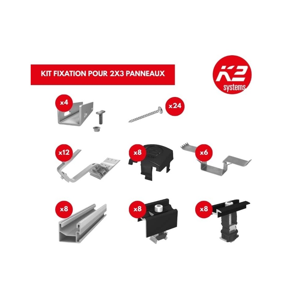 Kit fixation K2 2×3 panneaux sur tuiles