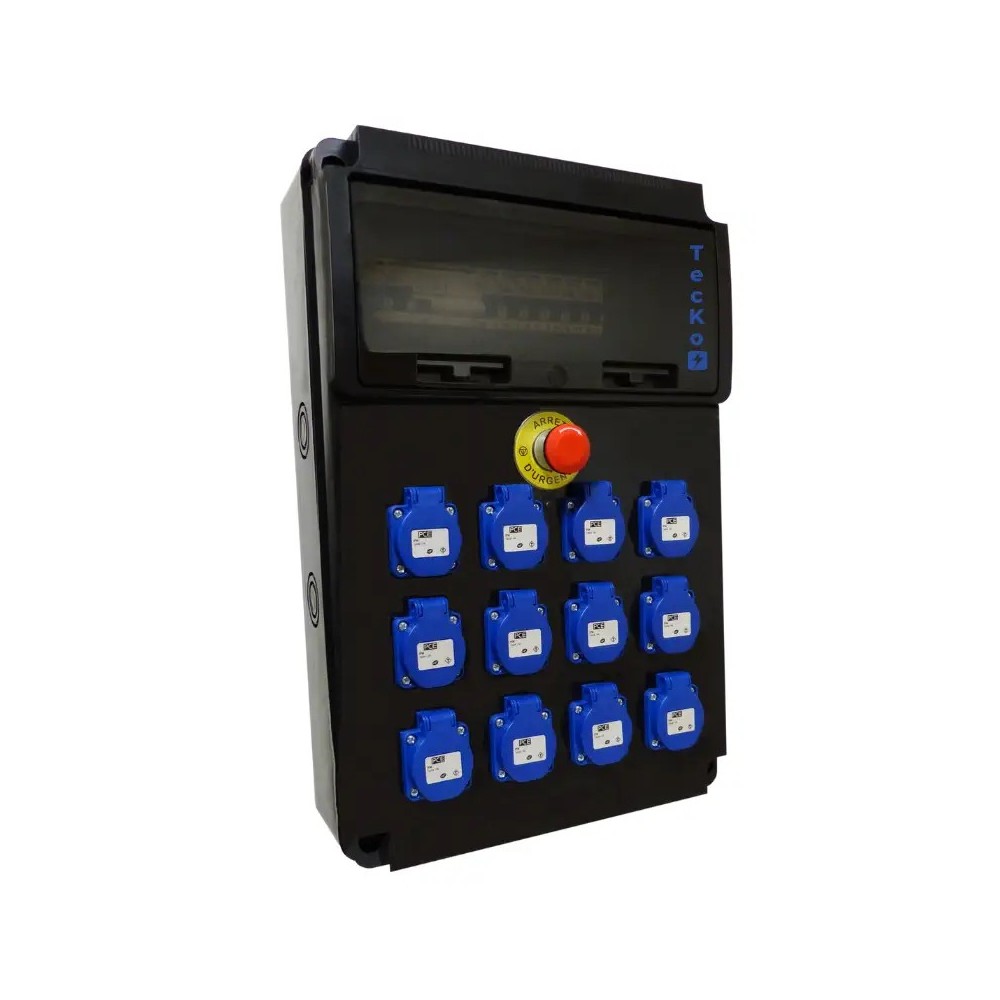 Coffret de distribution ABS noir triphasé 400v avec 12 prises 16A